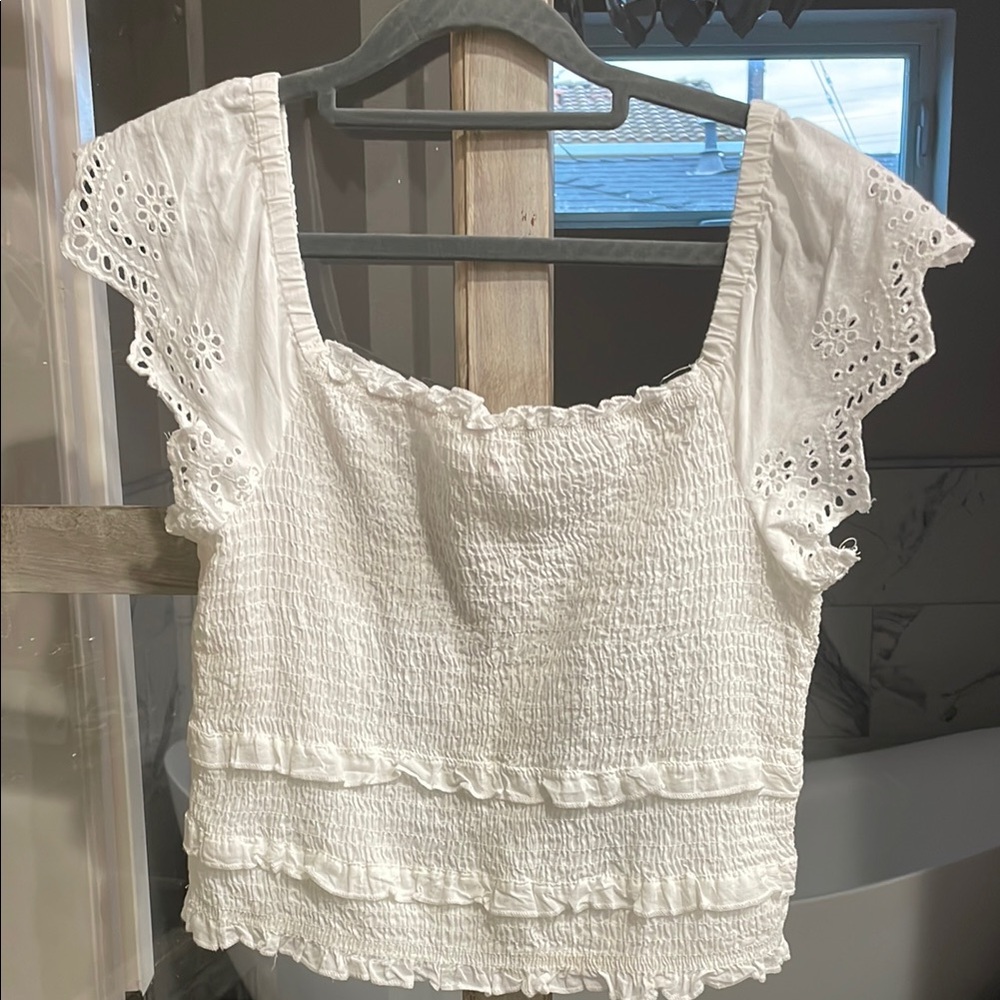 White Eyelet Smocked Top